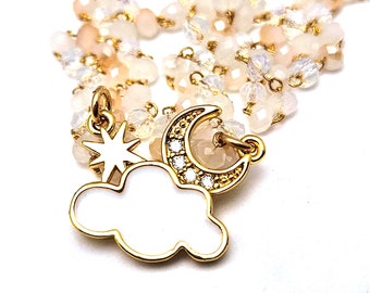 CZ Moon Cloud Necklace White Enamel Glass Beaded Chain 14K Gold Fill Delicate Layering Choker Heartbreak Weather Celestial Luna Moonstone