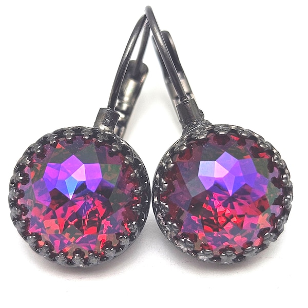 Hot Magenta Pink Crystal Drop Earrings Sparkling Indian Ruby Purple Fuchsia Domed Dome Crown Austrian Dark Oxidized Gunmetal Gold Silver