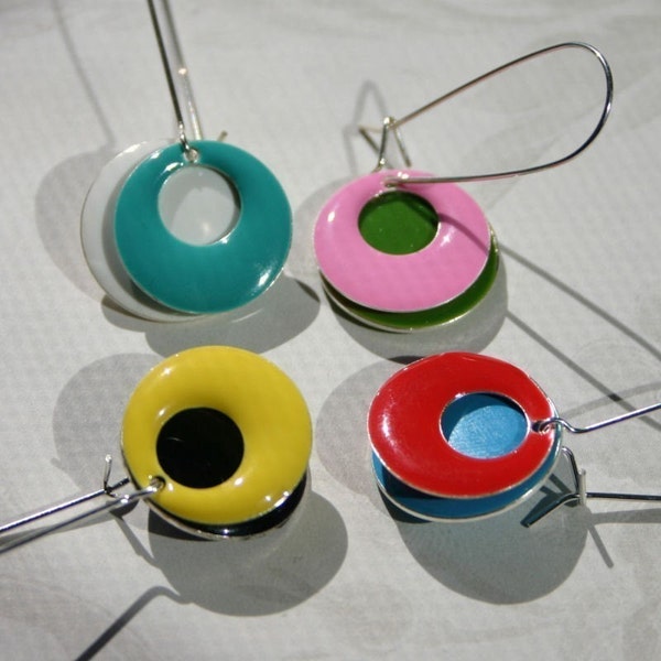 SALE Colorful Hoop Earrings Epoxy Enamel Disc Loop Choose Two Colors Rainbow Dangle Drop Mix & Match Customizable Sterling Silver Elongated