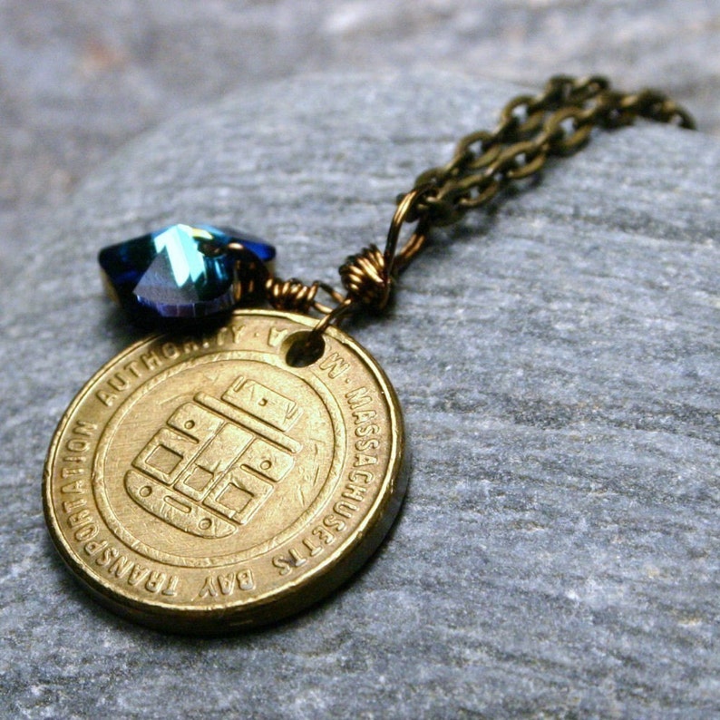 Boston MA Token Necklace City MBTA Subway Vintage T Transit Historical Massachusetts Nostalgia with Crystal Heart Love that Dirty Water image 6