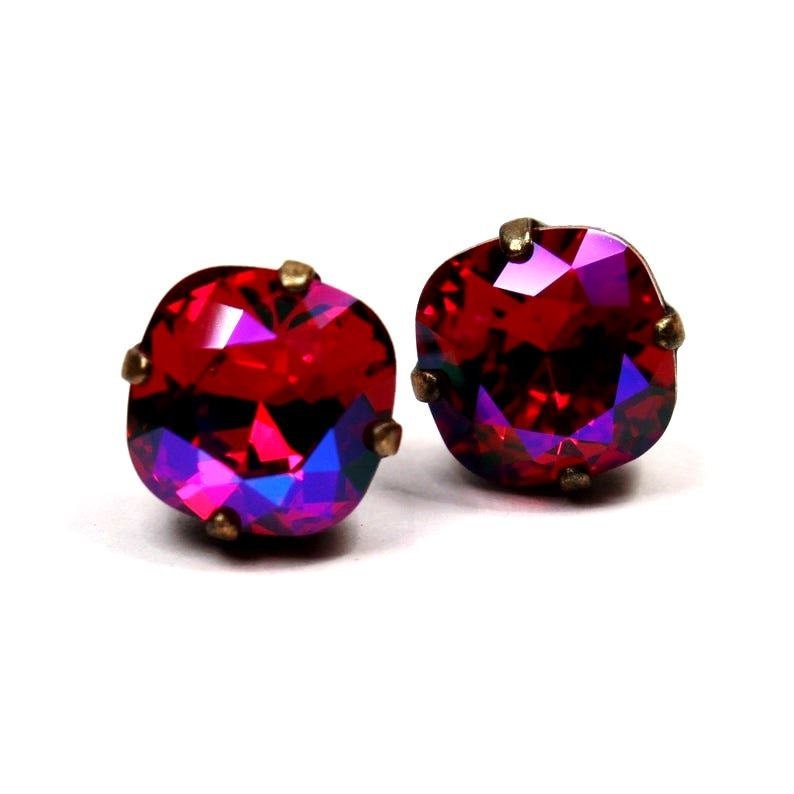 Hot Magenta Pink Crystal Stud Earrings Classic Red Sparkling Siam Cerise Solitaire Neon Swarovski 10mm Sterling Post Copper Women's Jewelry image 1