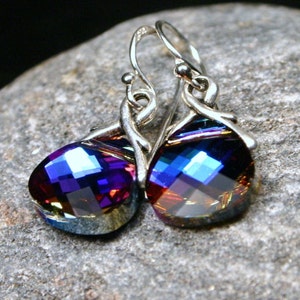 Indigo Crystal Earrings Heliotrope Deep Violet Purple Flat Briolette Drops Sterling Silver Navy Cobalt Blue Aubergine Grape Dark Royal Cool