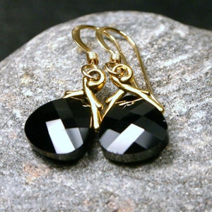 Jet Black and Gold Crystal Earrings Blackbird Flat Briolette 14K Gold Fill Swarovski Petite Dangle Everyday Accessory Gifts Under 25 for her image 2