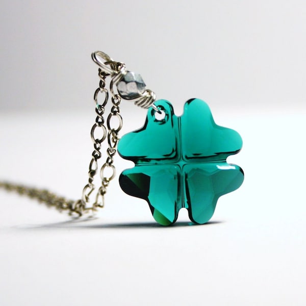 Emerald Green Shamrock Necklace Swarovski Kelly Grass Irish Ireland Oxidized Bright Sterling Silver St. Patrick's Day Lucky Clover Luck