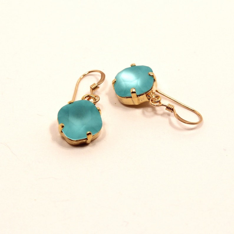 Matte Turquoise Crystal Dangle Earrings Classic Sparkling Teal Blue Etched Solitaire Dangle Sterling Silver 14k Rose Gold Filled image 4