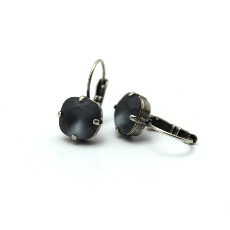 Graphite Crystal Drop Earrings Cool Soft Matte Gray Grey Solitaire Swarovski 10mm 12mm Square Cushion Cut Leverback Frosted Kitten Dusky image 5