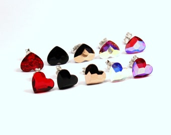 Crystal Heart Stud Earrings Classic Petite Sparkling Solitaire  10mm Love Red Pink Rose Gold Black Surgical Steel Post