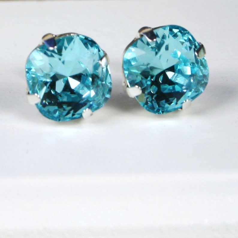 Turquoise Blue Crystal Stud Earrings Classic Sparkling Placid Aqua Solitaire 10mm Sterling Silver Post & Copper Women's Jewelry image 4