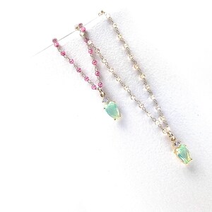 Halsband med mintgrönt kristallhjärta, färgglad pärlkedja, 14K guldfyllning, delikat lagerbesättning, rubin, krämfärgad krysolit, litet kärleksfrö du väljer