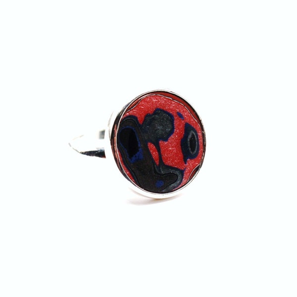 Detroit Fordite Ring Adjustable Sterling Silver Base Vintage Auto Paint Motor City Agate Cherry Red Blue Americana Metallic Swirls Unisex