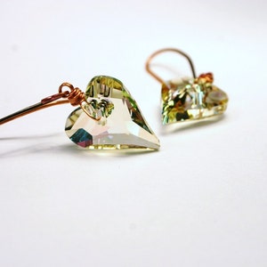 Luminous Green Wild Heart Earrings Swarovski Crystal Pastel Rainbow Translucent Glowing Love Valentine Bright Copper Wrapped Feminine Spring image 4