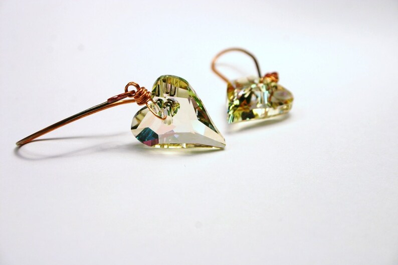 Luminous Green Wild Heart Earrings Swarovski Crystal Pastel Rainbow Translucent Glowing Love Valentine Bright Copper Wrapped Feminine Spring image 4