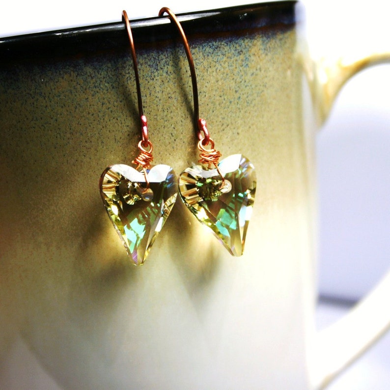 Luminous Green Wild Heart Earrings Swarovski Crystal Pastel Rainbow Translucent Glowing Love Valentine Bright Copper Wrapped Feminine Spring image 3
