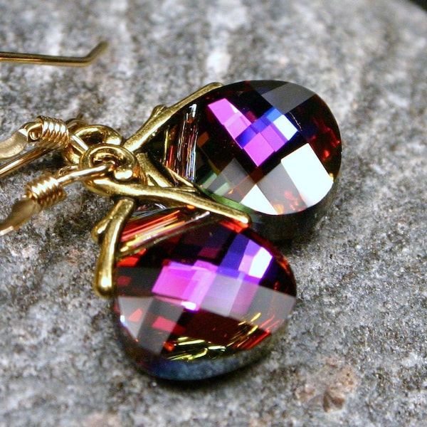 Flame Crystal Earrings Fiery Fuchsia Red Pink Orange Swarovski Flat Briolette Drop Purple Indigo Phoenix Deep Fire Embers Sunset Sparkl