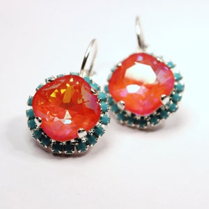 Tangerine & Caribbean Blue Crystal Dangle Earrings Sparkling Bright Orange Solitaire Swarovski 12mm Studded Crown Tropical Punch Silver Gold image 5