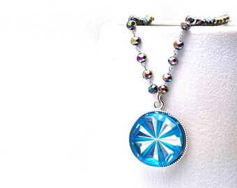 Teal Blue Radiant Necklace Sterling Silver Iridescent Pinwheel Circus Couture Rainbow Polished Glass Stainless Steel 1920s Gatsby Layering