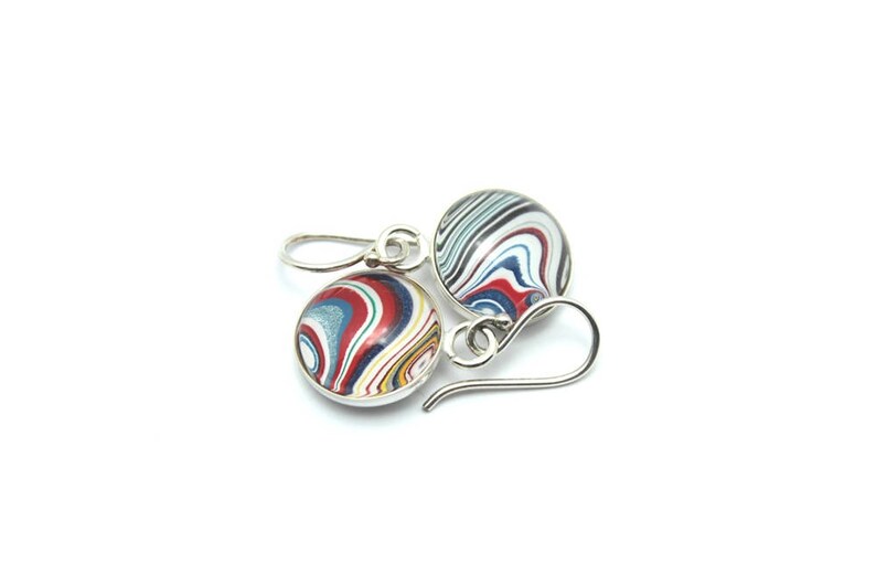 Harley Davidson Fordite Earrings Genuine Bright Red White Blue Swirl Delicate Dangles Sterling Silver Motor City Agate Recycled Pair Matched