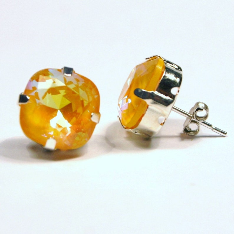 Bright Yellow Crystal Stud Earrings Classic Sparkling Golden Etsy