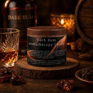 May include: A cylindrical candle in a black tin with a copper-coloured lid. The label features the text Dark Rum Aromatherapy Candle and descriptive marketing copy. The candle sits on a circular wooden slice, surrounded by dark amber-coloured items.