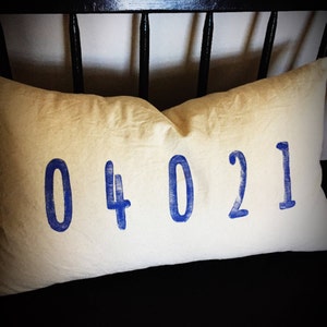 May include: A white pillow with blue lettering that reads "04021".