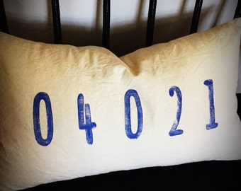 May include: A white pillow with blue lettering that reads "04021".