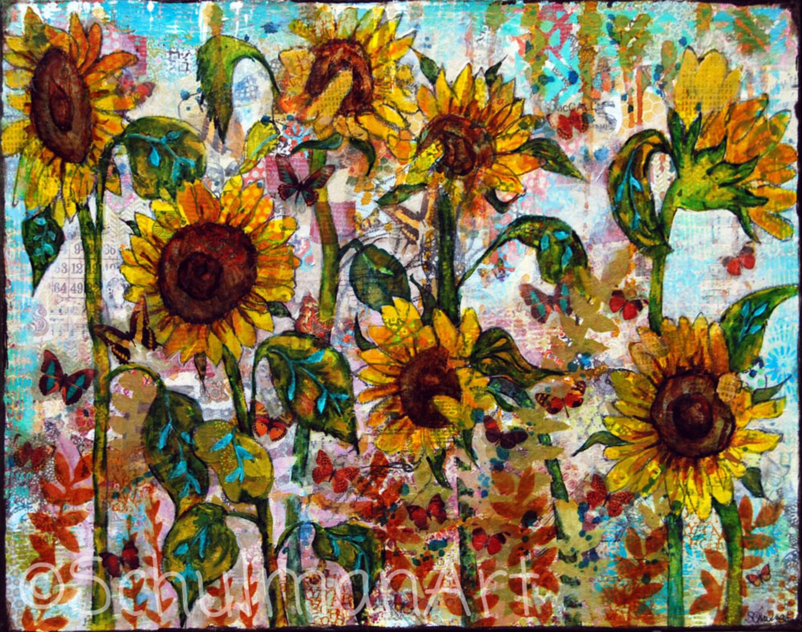 Sunflower Art Sunflower Painting Collage Art Mixed Media Etsy