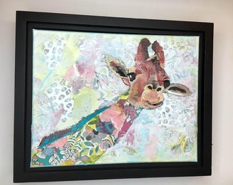 ORIGINAL Giraffe art | giraffe painting on canvas | collage art | animal artwork | Original Mixed Media Art | 14x11" | african wildlife