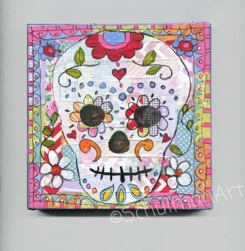 Skull Art sugar skull gothic art Dia De Los Muertos Day of the Dead Art original canvas art Mexican folk Art mixed media art