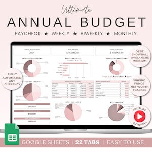 Annual Budget Google Sheets Spreadsheet Monthly Planner Weekly Biweekly Personal Finance Template Savings and Debt Tracker Bill Calendar