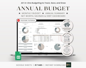 Presupuesto anual de Google Sheets, plantilla mensual, presupuesto semanal de nómina, seguimiento de fondos de amortización, seguimiento de pago de deudas, seguimiento de gastos, seguimiento de facturas.