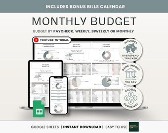 Paycheck Budget Spreadsheet Google Sheets Weekly Budget Monthly Financial Planner Biweekly Template Savings and Debt Tracker Bill Calendar