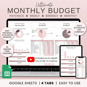 Monthly Budget for Google Sheets Budget Spreadsheet Budget Planner Weekly Paycheck Budget Bill Calendar Sinking Funds Tracker Debt Repayment