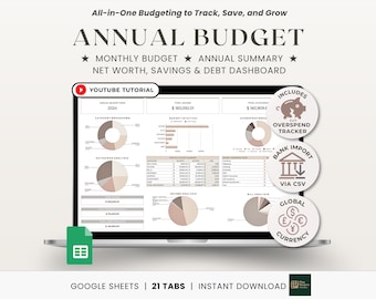 Presupuesto anual de Google Sheets, plantilla mensual, presupuesto semanal de nómina, seguimiento de fondos de amortización, seguimiento de pago de deudas, seguimiento de gastos, seguimiento de facturas.