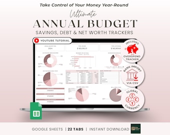 Annual Budget Google Sheets Spreadsheet Monthly Planner Weekly Biweekly Personal Finance Template Savings and Debt Tracker Bill Calendar