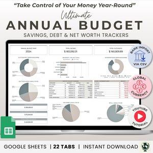 Annual Budget Google Sheets Spreadsheet Monthly Planner Weekly Biweekly Personal Finance Template Savings and Debt Tracker Bill Calendar