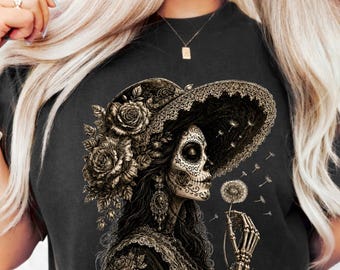 Vintage Gothic Catrina PNG: Floral Sugar Skull Lady Dia De Los Muertos png Dark Boho Art (Digital Download)