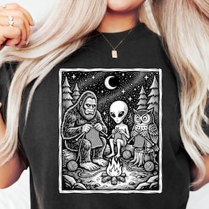 Bigfoot Alien Owl Knitting Around Campfire Under Starry Night PNG: cryptid forest art camping lovers png (Digital Download)
