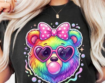 Rainbow Bear Bow Heart Sunglasses Bubblegum Kawaii PNG: Colorful Bear Clipart Birthday Party png Vibrant Cartoon Art (Digital Download)