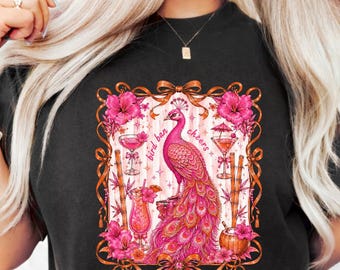 Bird Ban Cheers PNG: Pink Peacock Tropical Cocktail Floral Vacation Party png Boho Summer Art (Digital Download)