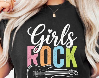 Girls Rock PNG: Retro Music Guitar Design PNG Music Lover png Colorful Rock Band Clipart (Digital Download)
