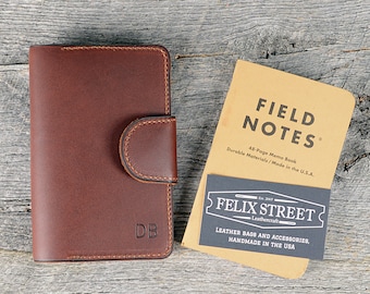 Handmade Chestnut Leather Memo Book Cover with Personalized Initials, Pen Holder, Card Slot - Field Notes, Moleskin, Journal, groomsmen gift