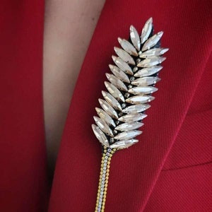 Op de afbeelding: Een decoratieve broche in de vorm van een tarwe-aar, met heldere, facetgeslepen kristallen op een zwarte basis. De broche is bevestigd aan een rode blazer, met een gouden en zilveren kralenkwast.