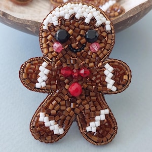 Beaded Gingerbread Man Brooch: Handmade Christmas Lapel Pin