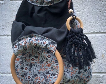 Ring Handle Tote Bag Gray Black and Rust Floral Cotton Boho Style Purse, Top Handle Bag Gray Black and Rust Floral with Wood Ring Key Fob