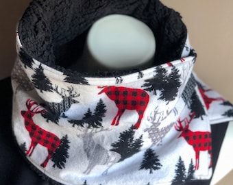 Black and White Fleece Button Scarf Cowl, White Flannel with Red and Black Deer Brushed Cotton Fabric with Black Fleece Lining Neck Warmer