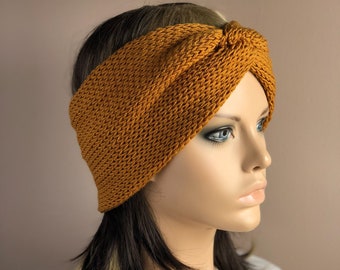 Gold Ear Warmer Headband Knit Turban Style Headband with a Twist Tobacco Gold Headband for Women or Teens