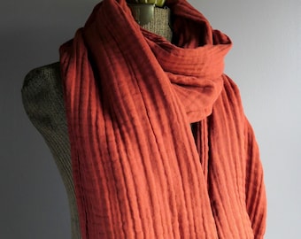 Rust Cotton Scarf or Shawl, Rich Harvest Spice Color in Crinkle Cotton Gauze, Unisex Fabric Scarf with Fringe