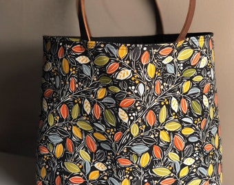 Autumn Leaves Tote Bag, Fall Leaves with Black Lining, Brown Leather Handles, Cotton Handbag, Market Tote, Black Purse, Ladies Handbag