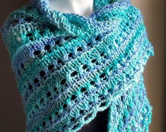 Blue Waterfall Shawl Hand Knit Triangle Shawl in Soft Homespun Aqua Blue Teal Ladies Shawl