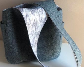 Large Hobo Bag with Pockets Blue Herringbone Brushed Cotton with Lining, Cross Body Bag, Ladies Hobo Style Handbag, Retro Boho Style Handbag